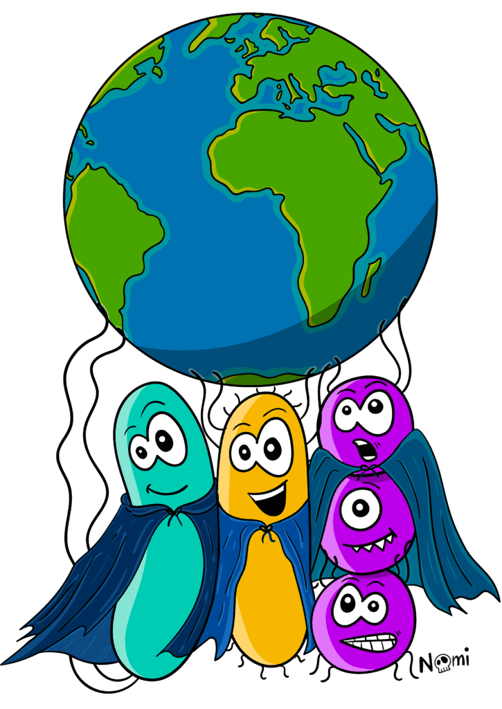 Three bacteria hold the world with their flagella to show that bacteria can save thhis planet.